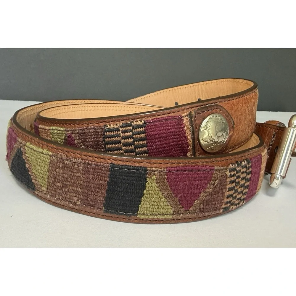 Orvis American Bison Brown Leather Belt Buffalo Nickel Sz 42 USA Southwestern